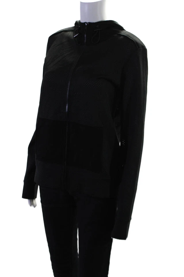 Elie Tahari 运动女式波尔卡圆点纹理长袖连帽衫黑色 S 码 — 第 2/4 张图片