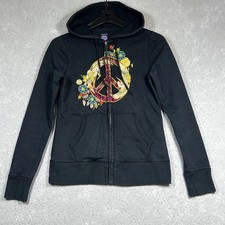 VTG Lucky Brand Hoodie Women s Small Black Y2K Peace Sign Flowers Zip Up Hippie