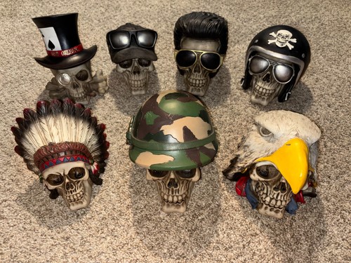 Lot 7 Resin Skull Figurines Biker Indian Military Eagle Rocker Gothic Decor