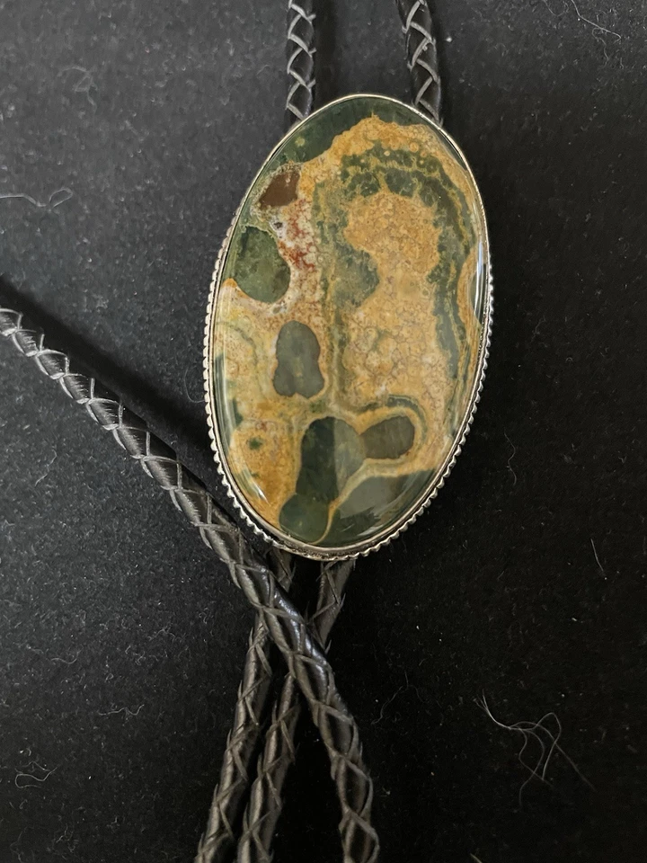 Moldura folheada a prata gravata bolo pedra jaspe oceano - Imagem 2 de 4