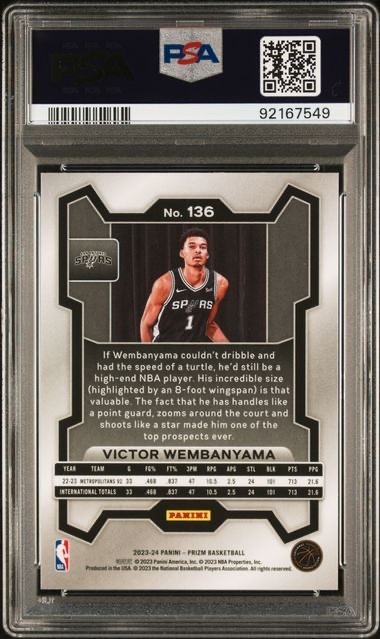 VICTOR WEMBANYAMA 2023 PRIZM ROOKIE RC #136 PSA 8 NEAR MINT  view 2