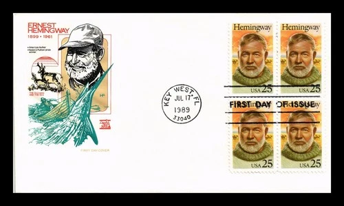 US COVER ERNEST HEMINGWAY LITERARY ARTS FDC BLOCK OF 4 HOUSE OF FARNAM CACHET