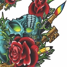 Skull,Rose, and Brush, temporary tattoo large. Peel and stick Laser printed