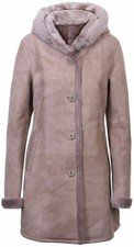 Women's Elegant Taupe Hooded Suede Merino Shearling Sheepskin Jacket Coat
