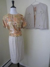 Vintage 1960's Novelty Print 3 pc Skirt Set Suit Skirt Shirt Ivory Orange Linen