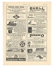 1921 Auto Parts Ads on 1 pg: Povasco, Master Tire, Mack Battery, Duken, Buell, +