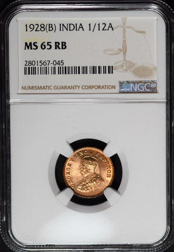 India British 1928(B) 1/12 Anna NGC MS65 RB Certified 