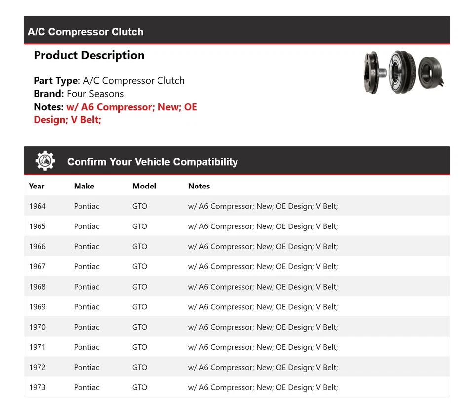 Embrague compresor aire acondicionado Pontiac GTO 1964-1973 4 estaciones 1965 1966 1967 1968 Foto 2 de 3