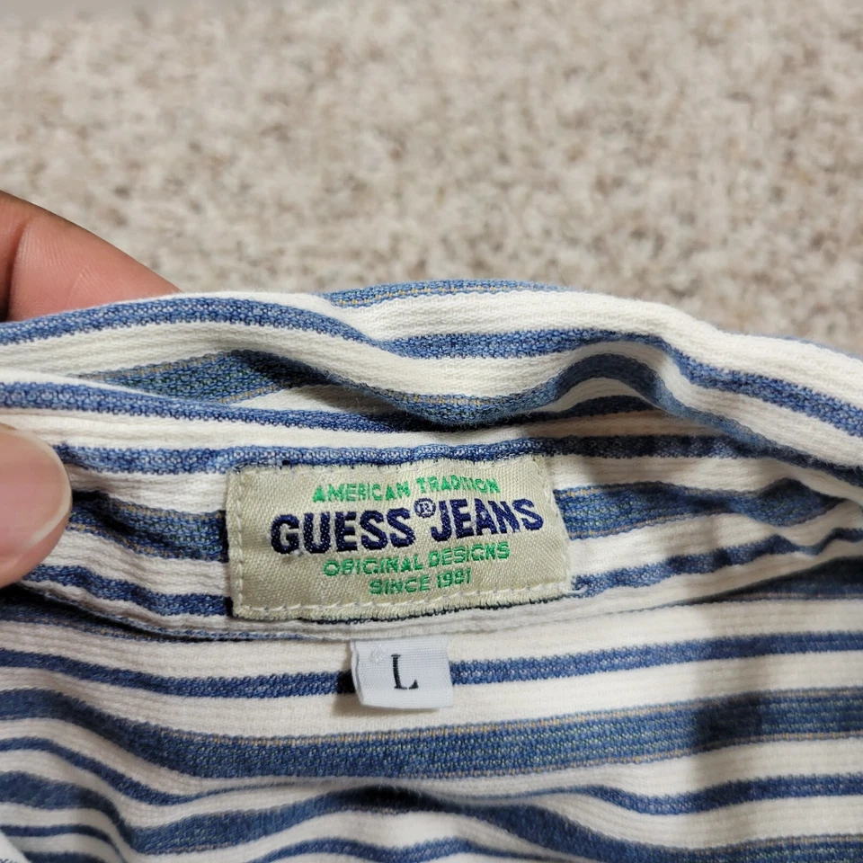 Guess Jeans Shirt Mens Large Blue Denim Button Up Western Stripe Long Slv Stains - Image 3 of 4