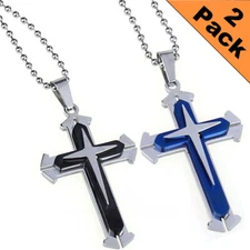 2 Pack Unisex Fashion Stainless Steel Cross Pendant with Chain Necklace US STOCK