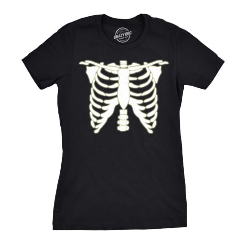 Womens Glowing Skeleton Tshirt Rib Cage Cool Halloween Glow In The Dark Tee - Afbeelding 1 van 7