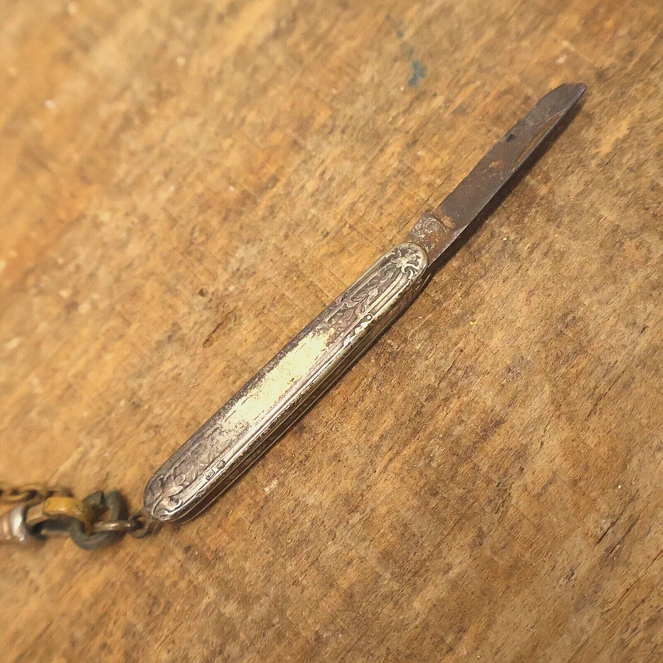 Antiguo cuchillo de reloj de bolsillo cadena chapada en oro plateado A&Z Co Foto 4 de 4