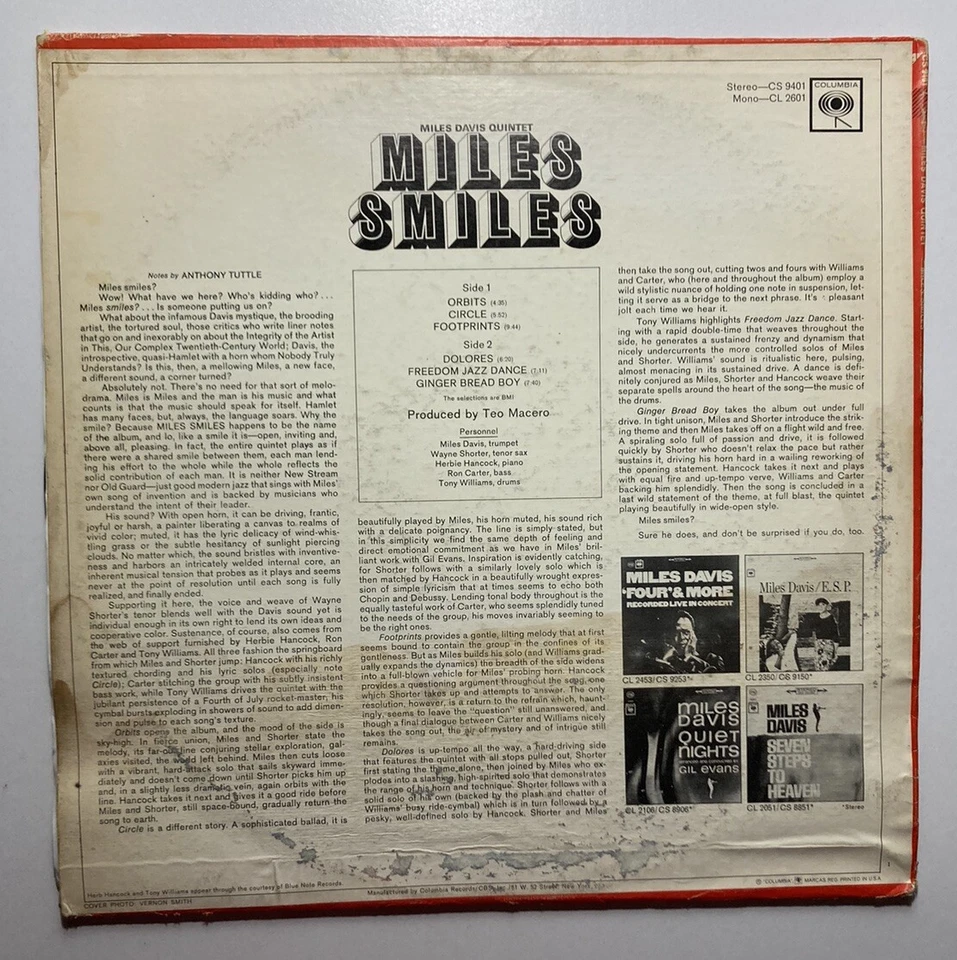 MILES DAVIS QUINTET “Miles Smiles” Vinyl LP Columbia 2-Eye CS 9401 Stereo 360 - Image 2 of 4