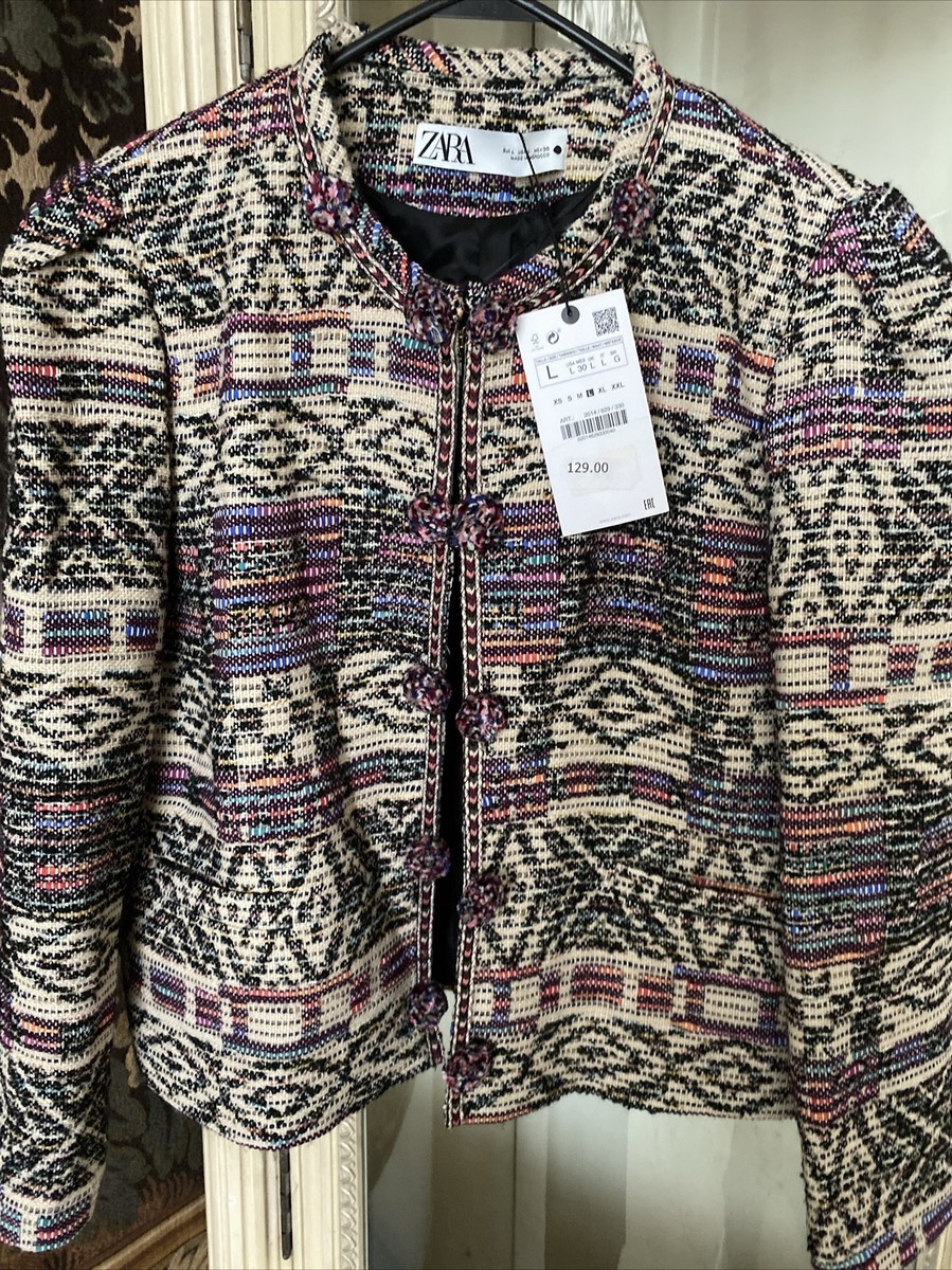 ZARA MULTICOLORED JACQUARD CARDIGAN JACKET Sz Large —$ 129 Pockets Lined  NWT