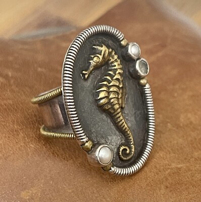 Designer Mars & Valentine Seahorse 925 Ornate Mop & White Topaz Ring Size 9.25