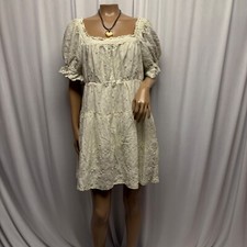 Old Navy Cream Embroidered Babydoll Dress Womens Sz Medium Puff Sleeves Peasant