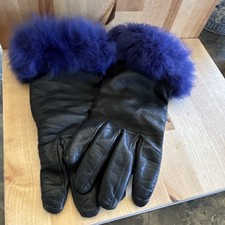 MONTEFUSCO Women's Leather Gloves Purple Fur Trim Cashmere Wool Lining 7 1/2