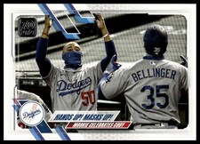 2021 Topps #303 Hands Up! Masks Up! (Mookie Betts / Cody Bellinger)