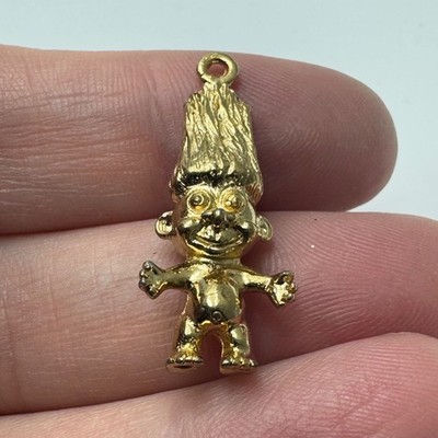 Vintage Troll Doll Charm Pendant 1980s Gold Tone Whimsical Novelty