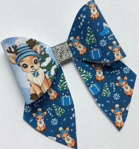 RUBY REINDEER BLUE XMAS 4" PRINTED CANVAS FABRIC SAILOR BOW TEMP MAKE HAIR BOWS - Picture 2 of 4