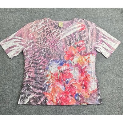 Jess & Jane Top Women's L Pink Mixed Floral Animal Print Textured Short Sleeve