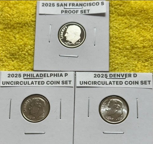 2025 S PROOF ROOSEVELT DIME 10c GEM PROOF and PD UNC COIN MINT SETS (3 DIMES)