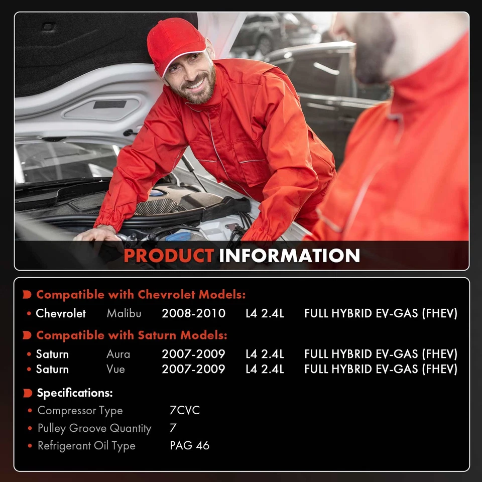 Compresor de aire acondicionado con polea de 7 ranuras para Chevy Malibu 2008-2010 Saturn Aura Vue FHEV Foto 2 de 4