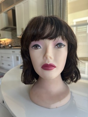 Styled Medium Length Human Hair Wig Brown with Highlights