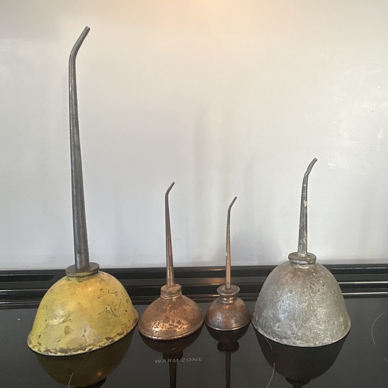 Lot of 4 Vintage Metal Oil Cans/Oilers with Long Spouts, Assorted Finishes
