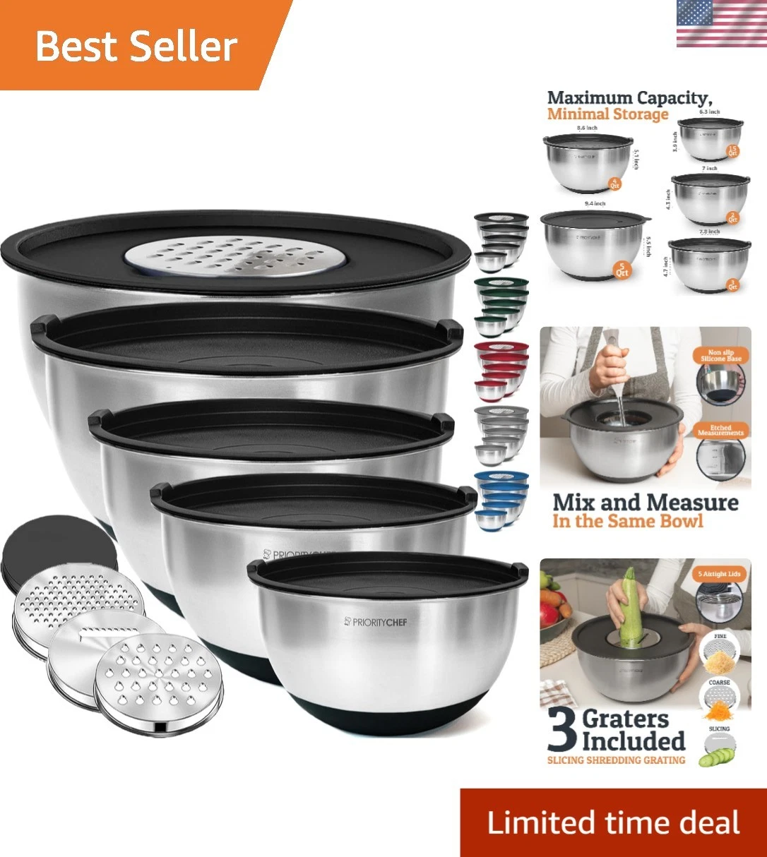 Rust-Resistant 5-Quart Mixing Bowl Set with Airtight Lids - Perfect for Storage