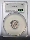1940-P Mercury Dime, CAC Graded VF30, 90% Silver