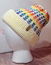Hand Crochet Soft Acrylic Fiber Blend Beanie/Hat - Rainbow Heart Pattern / White