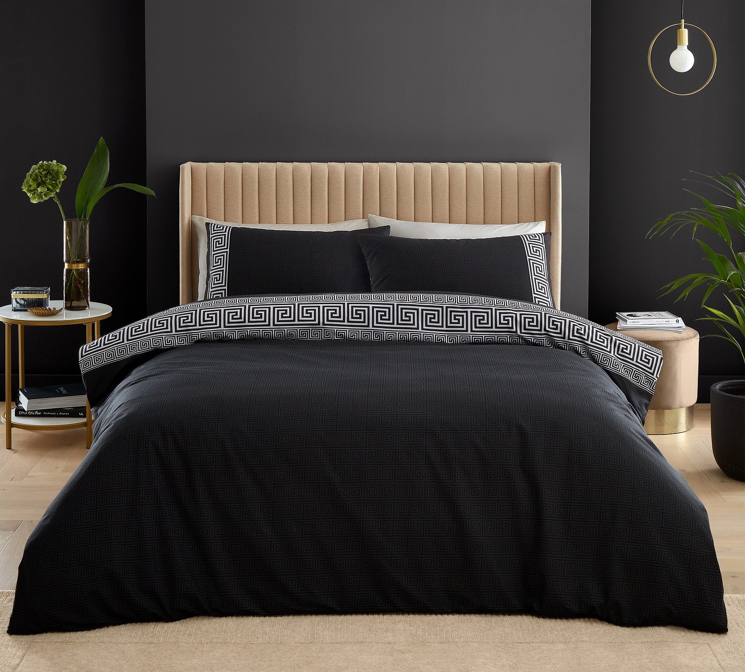 Catherine Lansfield Greek Key Pattern Duvet Cover Single Quilt Bedding Set Black