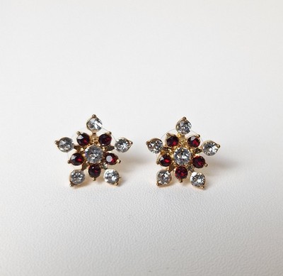 Red White/Clear Sparkly Faux Gemstones Snowflake Earrings Goldtone Pierced Posts