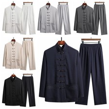 Chinese Men Tang Suit Tai Chi Set Kung Fu Long Sleeve Shirt Pant Uniform 2Pcs