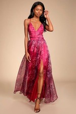 Lulus Romance That Wows Magenta Floral Print Organza Maxi Dress S Spaghetti NWT