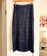 Maeve Womens navy Sequin Straight Pencil Midi Skirt Lined Slit Zip XS