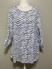 Tahari 100% Linen Button Front Shirt Women 1X Blue/White Roll Tab Tunic Top Boho