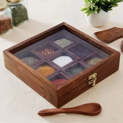 RSK GOODS Wooden Masala Dabba Indian Spice Box Shesham Wood 9 Compartments Glass Lid Spoon