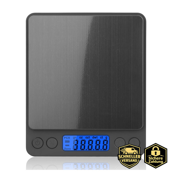 KüChenwaage Digital 3Kg 0,1G Schwarz Mit Pcs/Tara-Funktion LCD Display-image