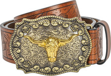 Men'S-Western-Leather-Belts Cowboy-Longhorn-Bull-Head-Buckle-Belt Floral-Engrave