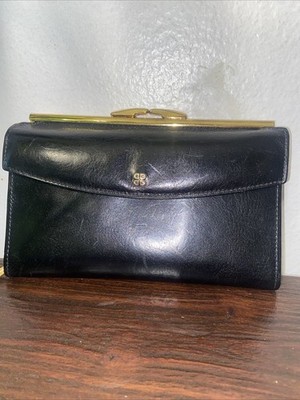 Vintage BOSCA Black Leather Clutch Wallet Gold Clasp Kiss Lock Organizer