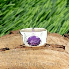 Natural Amethyst Fancy Cut 925 Sterling Silver Handmade Wide Band Ring for Women