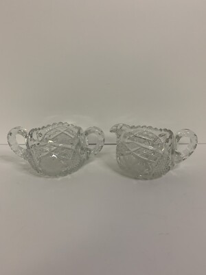Vintage Heavy Crystal Glass Cream and Sugar Set - Floral Pattern - Etched Glass