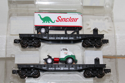 MENARDS 2-Piece 10-1/2'' O Gauge BN Flatcar with 1954 GMC  Sinclair  TraiIer