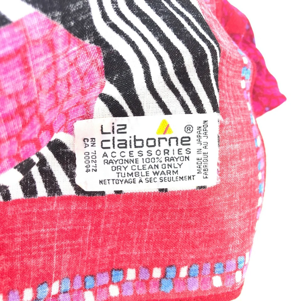 Vintage Liz Claiborne Scarf Pink Red Zebra Polka Dot STripes Bold Pattern Rayon  - Image 3 of 4