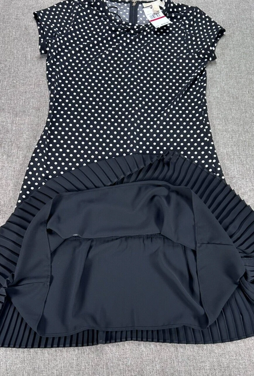 Abito Michael Kors A Line donna XS girocollo nero a pois plissettato skirT nuovo con etichette
