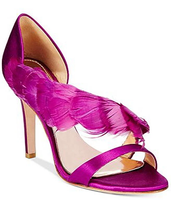 NIB $215 Badgley Mischka Pixel Feather Embellished Evening Shoes Berry Satin 6 M - Image 3 of 4