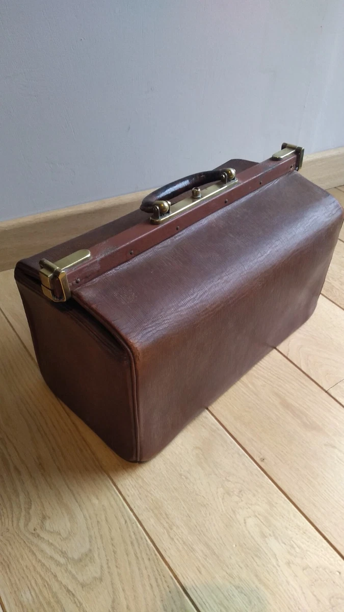 Sac Vintage En Cuir Marron Brillant, Style Sacoche Médecin Des Années 50