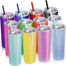 12 Packs Glitter Skinny Tumblers with Lids and Straws Bulk, 20 Oz Stainless Stee